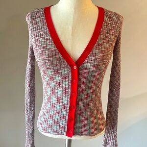 URBAN OUTFITTERS fitted ribbed stretch button front cropped sweater, lurex sz XS
